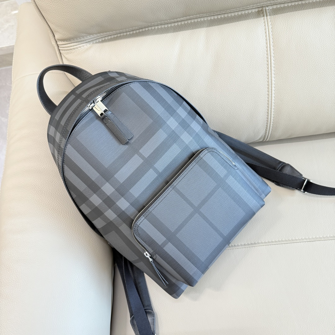 Bur London 格纹双肩包 - 牛皮飾りと多機能ポケット付き