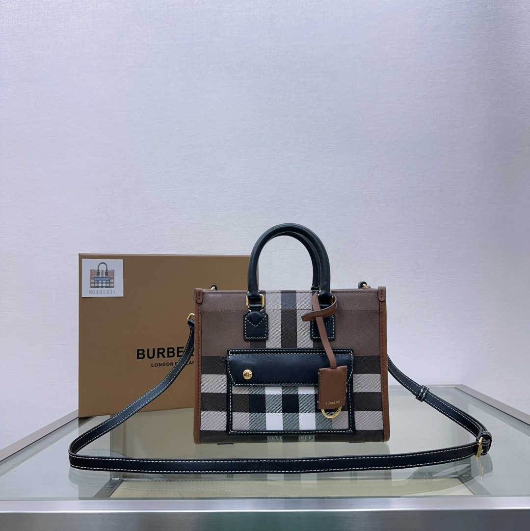B brand's latest mini birch brown checkered 💕 Fleur de Lys tote bag 💕 features a compact design crafted from checkered and stitched leather material. It can be carried by the top handle or with the adjustable crossbody strap. This exquisite piece is made with at least 30% bio-based materials sourced mainly from renewable natural resources like plants and castor oil. Dimensions: 23 x 8 x 19cm 🌟 Model: 143158 image 1