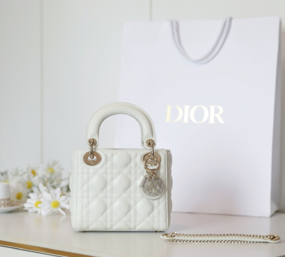 Lady Dior Mini White Lambskin Bag with Chain - Iconic Cannage Stitching 1 Lady Dior Mini White Lambskin Bag with Chain - Iconic Cannage Stitching