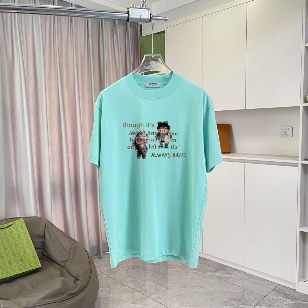 CHANE*小香2025秋季新款 双C字母logo印花 短袖t恤 定制面料300g 男女同款尺码：S M