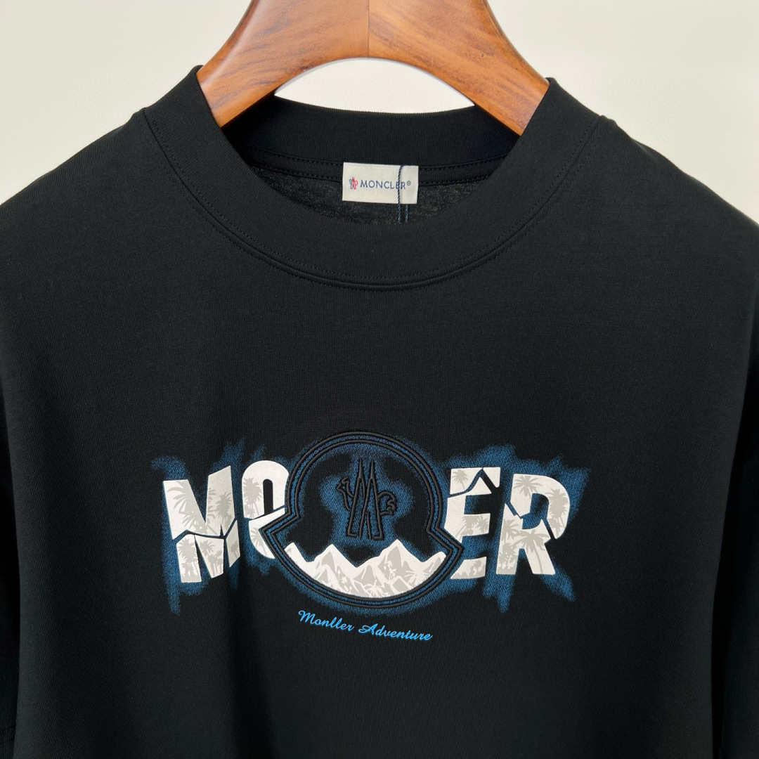 MONCL* 蒙口*2025春夏新款短袖T恤重磅纯棉字母logo立体绣花+直喷印花颜色：黑色 白色 码数