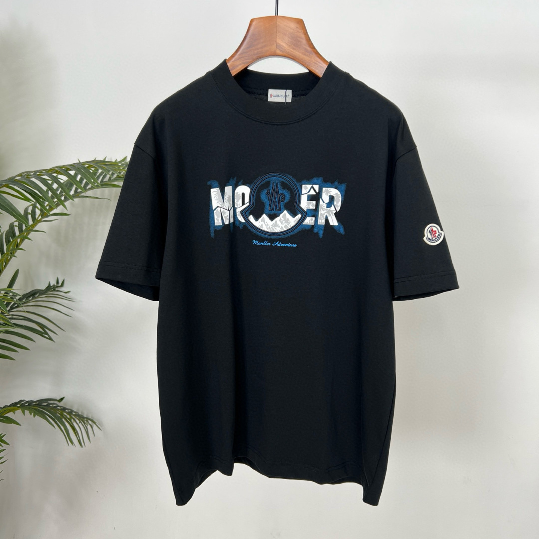 MONCL* 蒙口*2025春夏新款短袖T恤重磅纯棉字母logo立体绣花+直喷印花颜色：黑色 白色 码数