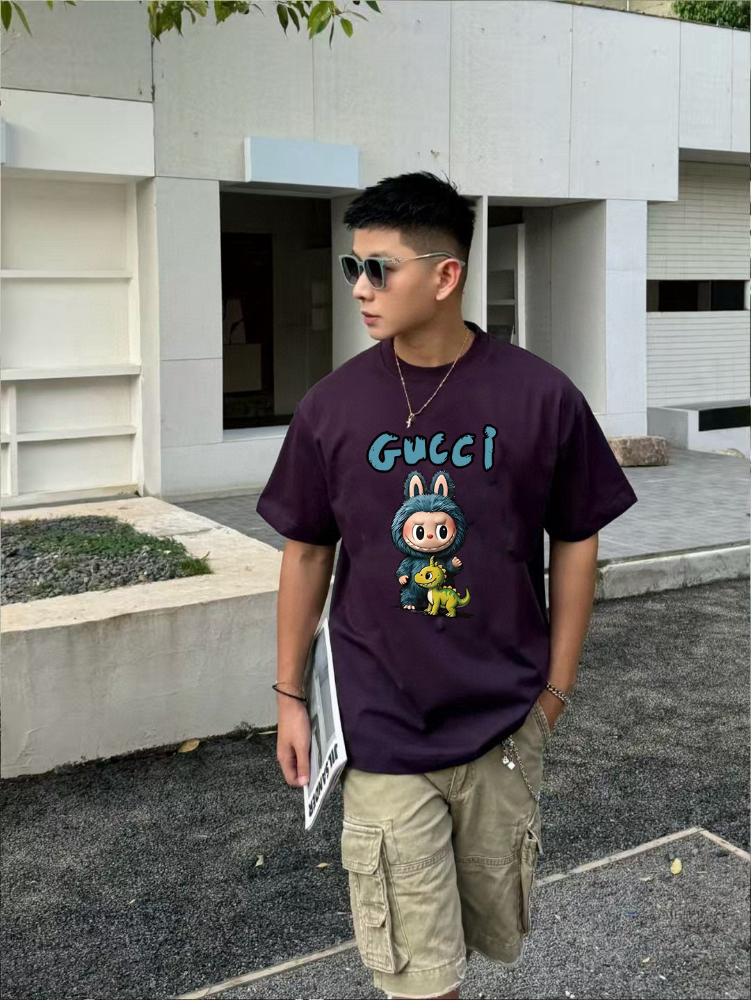 GUCC*2025秋季新款 个性字母logo印花 定制面料300g  短袖T恤  男女同款颜色：黑色 杏