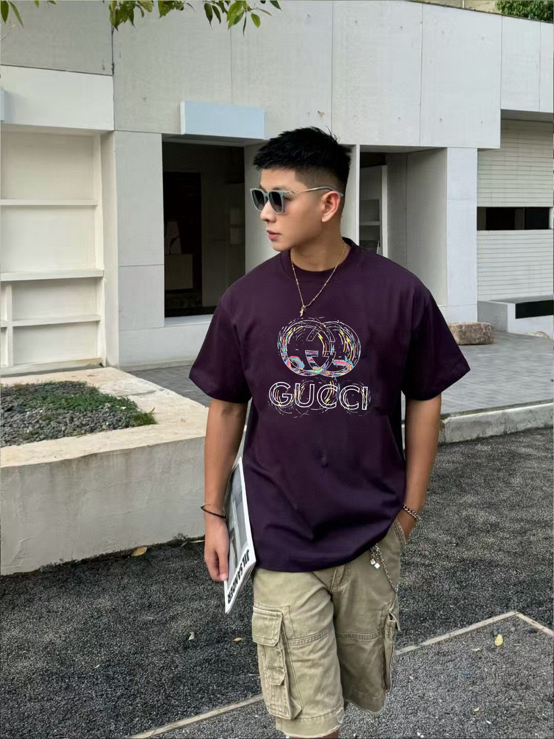 GUCC*2025秋季新款 个性字母logo印花 定制面料300g  短袖T恤  男女同款颜色：黑色 杏