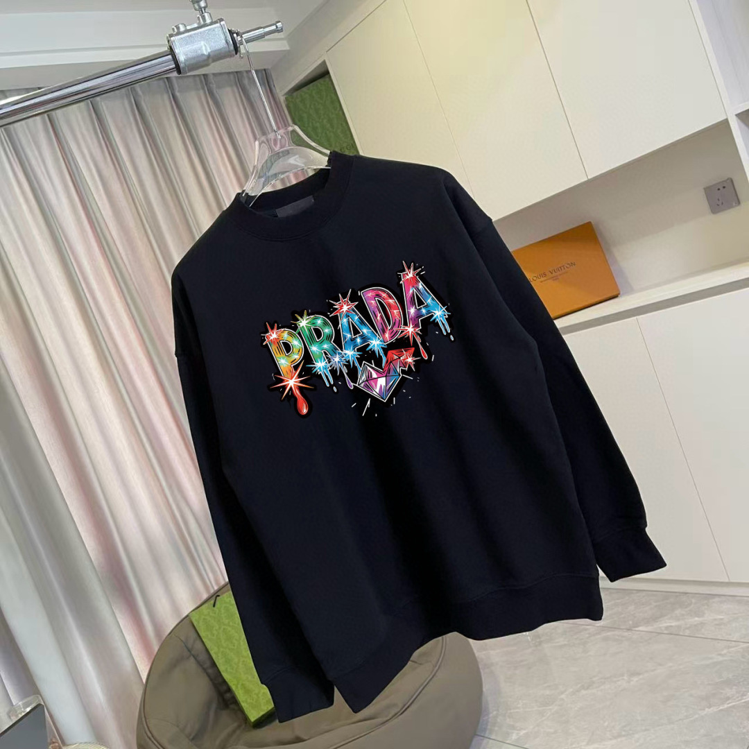 PRAD*普拉达2025秋季新款 个性字母logo印花 定制面料400g 圆领卫衣 男女同款颜色: 黑色