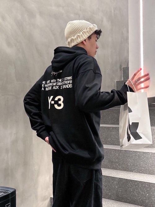 Y-3 Black Cotton Fleece Pullover Hoodie with Graphic Logo, Unisex 2 Y-3 Black Cotton Fleece Pullover Hoodie with Graphic Logo, Unisex