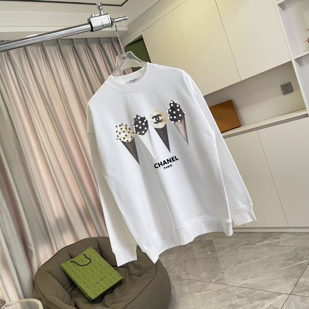 CHANE*小香2025秋冬新款 双C字母logo印花 定制面料400g 圆领卫衣 男女同款尺码：S M