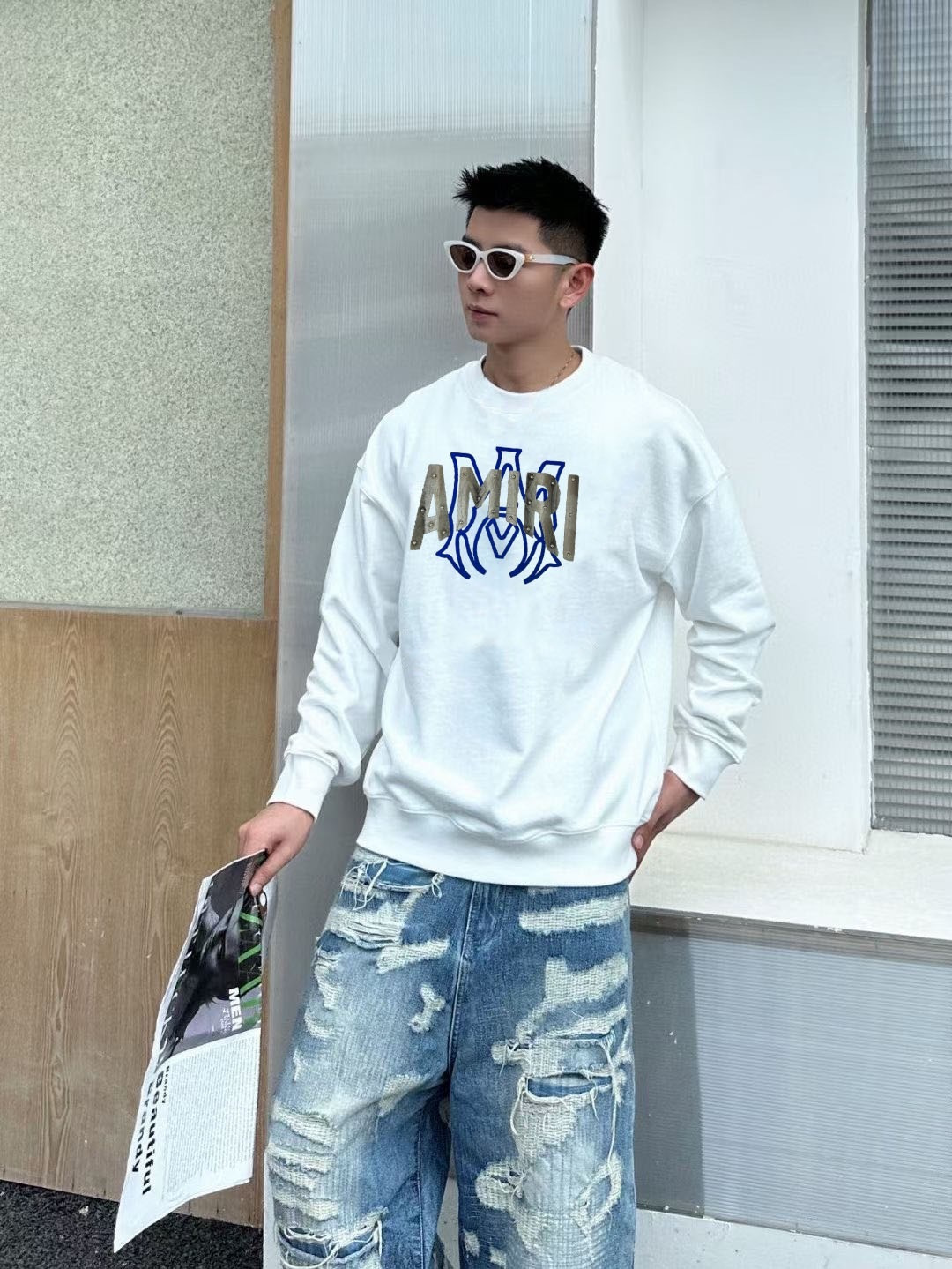 AMIRI* 2025秋冬新款圆领卫衣400克毛圈纯棉字母植绒➕3D印花颜色：黑色 白色 灰色 深蓝码数