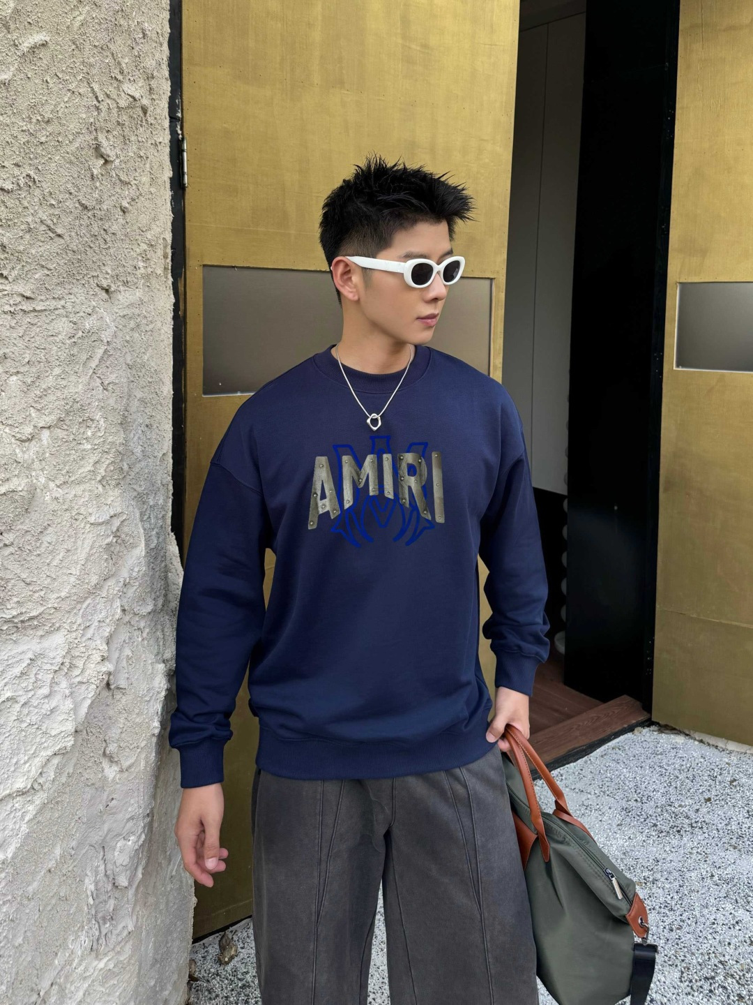 AMIRI* 2025秋冬新款圆领卫衣400克毛圈纯棉字母植绒➕3D印花颜色：黑色 白色 灰色 深蓝码数