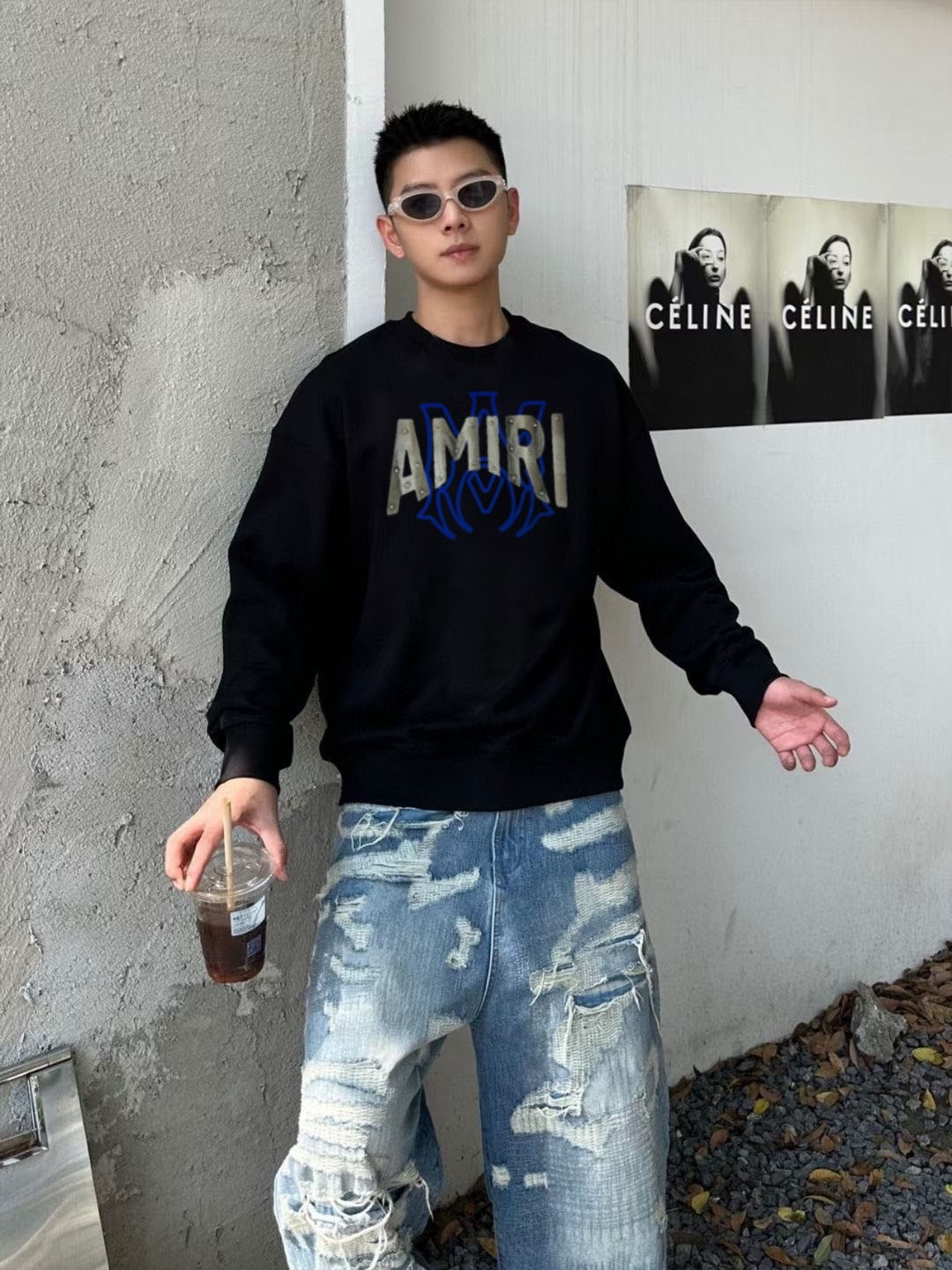 AMIRI* 2025秋冬新款圆领卫衣400克毛圈纯棉字母植绒➕3D印花颜色：黑色 白色 灰色 深蓝码数