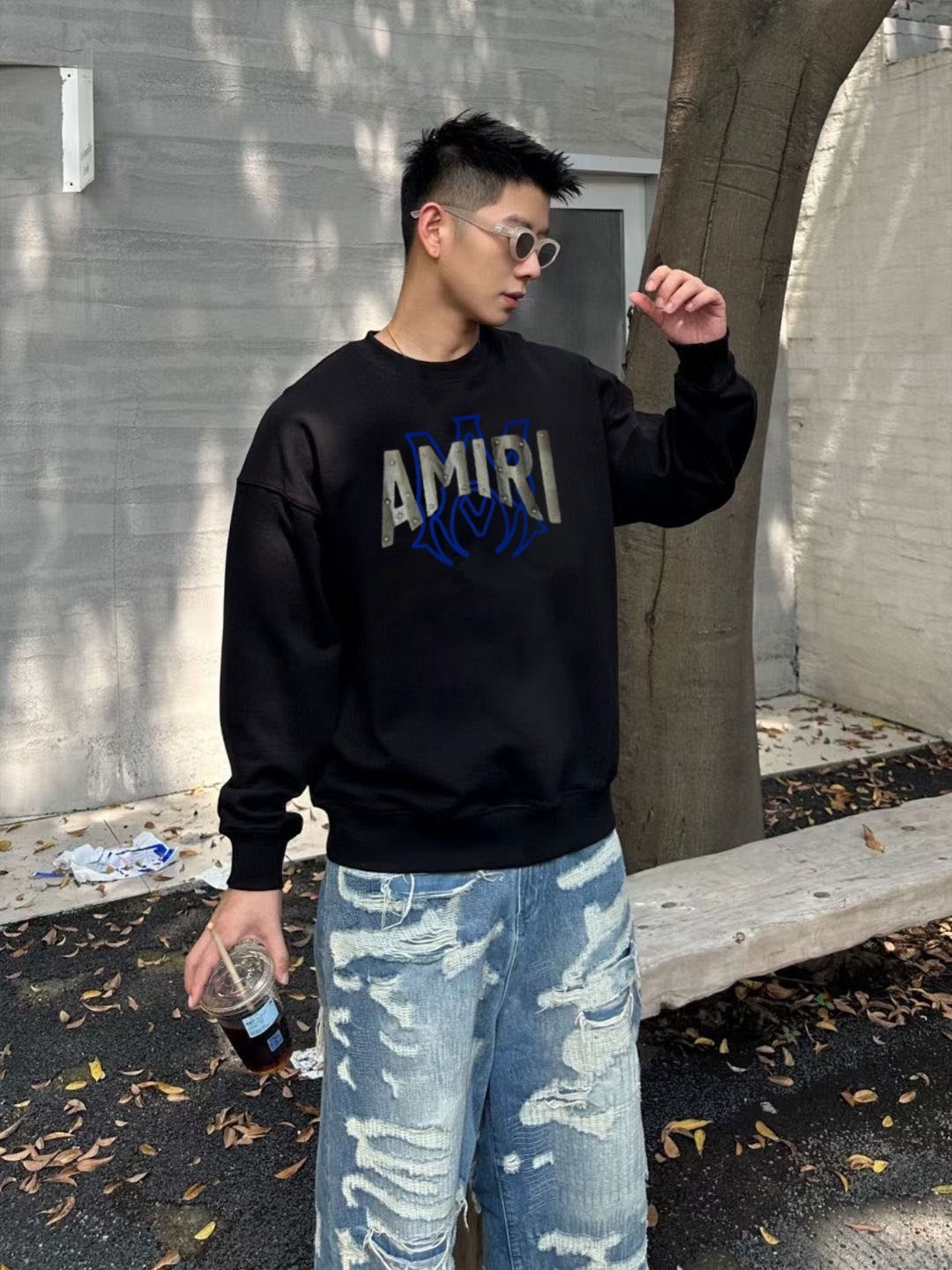 AMIRI* 2025秋冬新款圆领卫衣400克毛圈纯棉字母植绒➕3D印花颜色：黑色 白色 灰色 深蓝码数