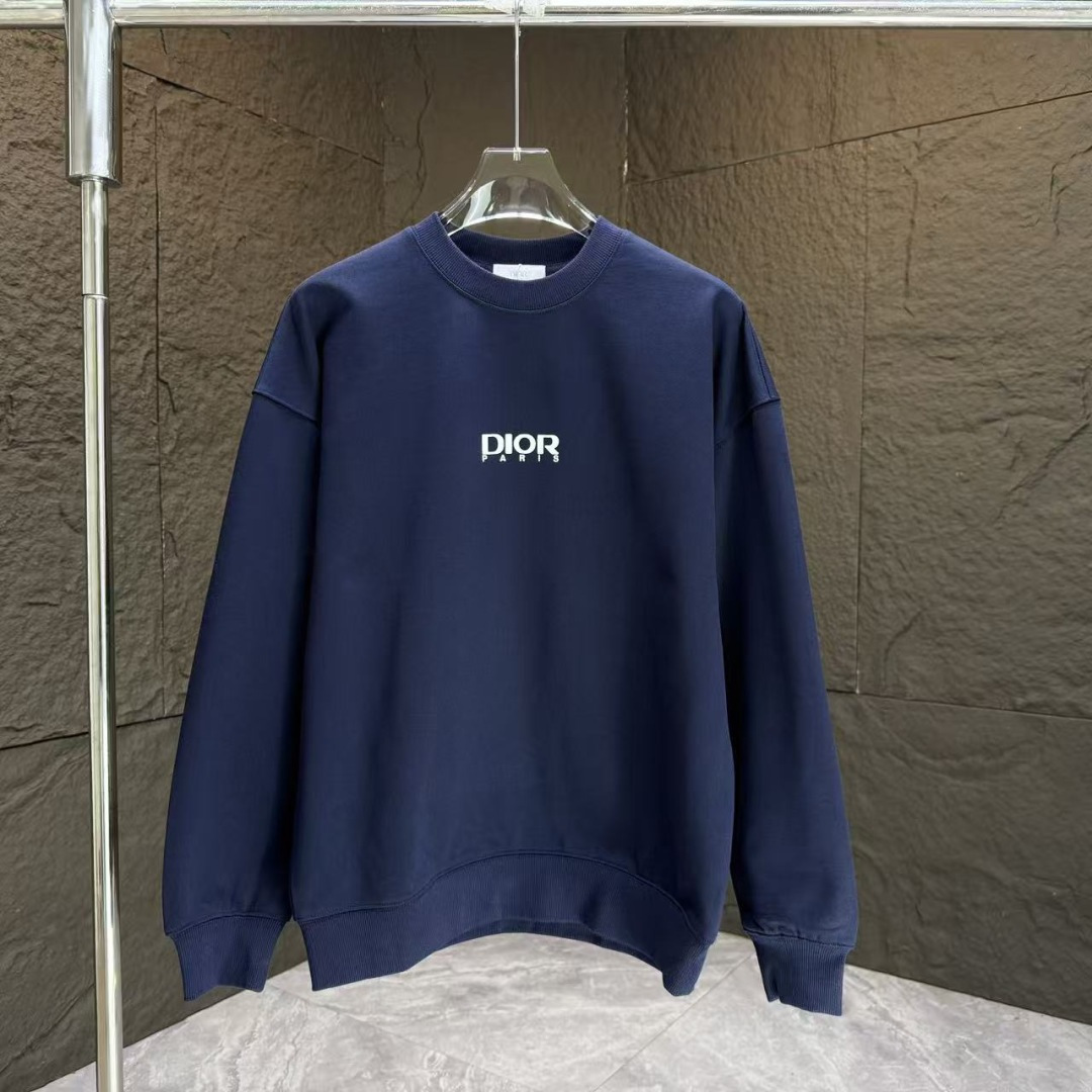 Dio* 迪奥*2025秋冬新款圆领卫衣400克毛圈纯棉字母logo植绒颜色：黑色 白色 灰色 深蓝码数