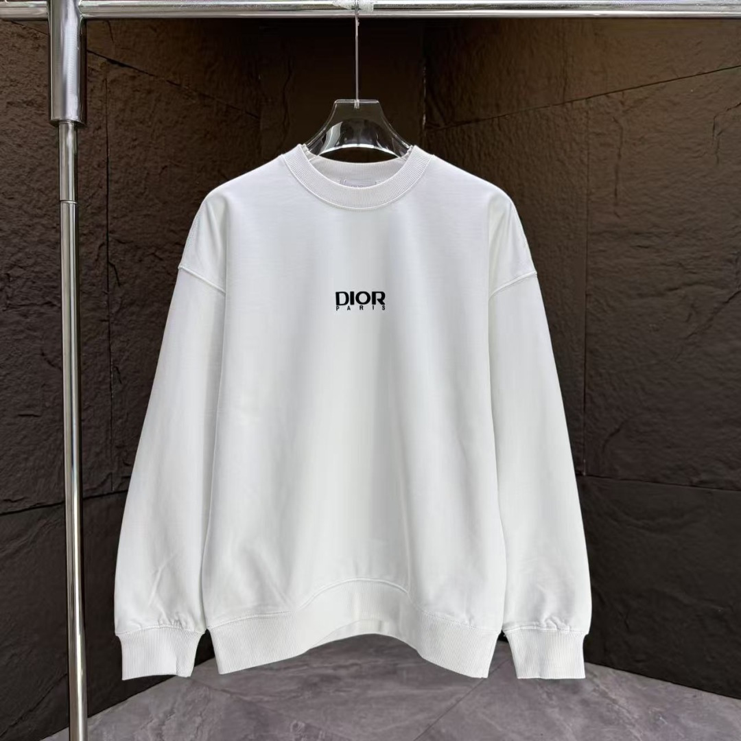 Dio* 迪奥*2025秋冬新款圆领卫衣400克毛圈纯棉字母logo植绒颜色：黑色 白色 灰色 深蓝码数