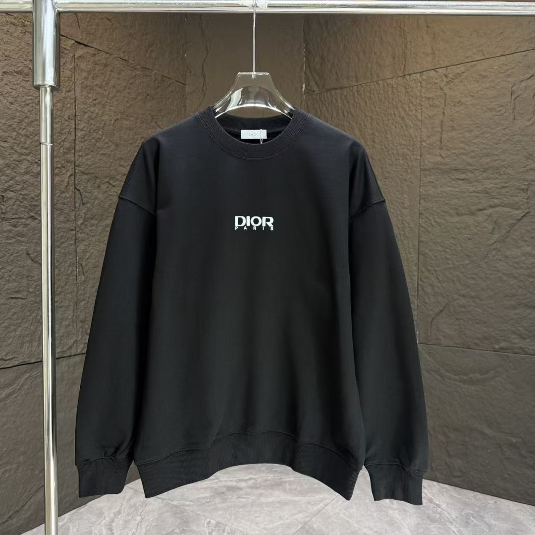 Dio* 迪奥*2025秋冬新款圆领卫衣400克毛圈纯棉字母logo植绒颜色：黑色 白色 灰色 深蓝码数