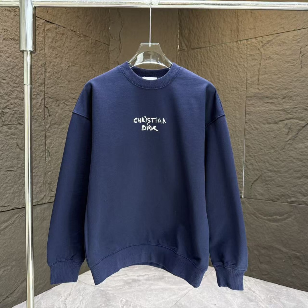 Dio* 迪奥*2025秋冬新款圆领卫衣400克毛圈纯棉字母logo立体发泡颜色：黑色 白色 灰色 深蓝