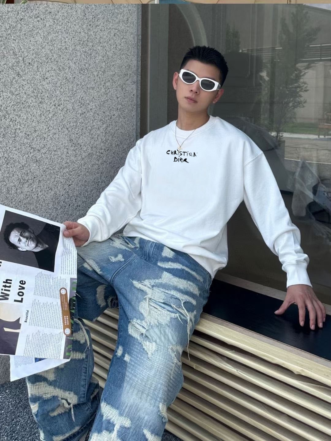 Dio* 迪奥*2025秋冬新款圆领卫衣400克毛圈纯棉字母logo立体发泡颜色：黑色 白色 灰色 深蓝