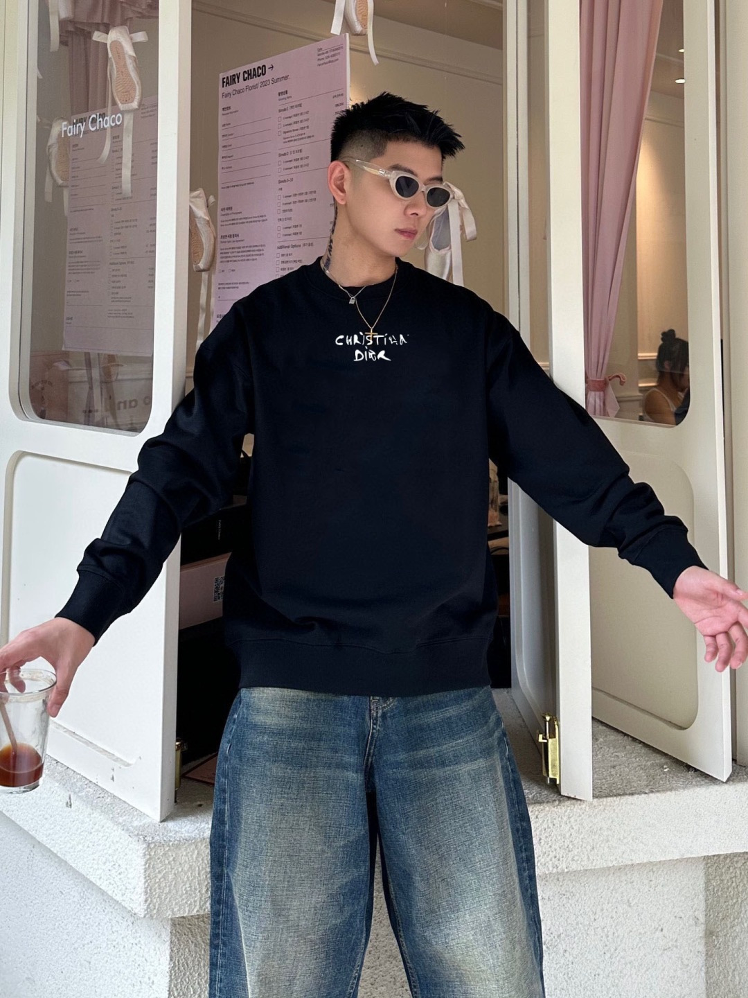 Dio* 迪奥*2025秋冬新款圆领卫衣400克毛圈纯棉字母logo立体发泡颜色：黑色 白色 灰色 深蓝