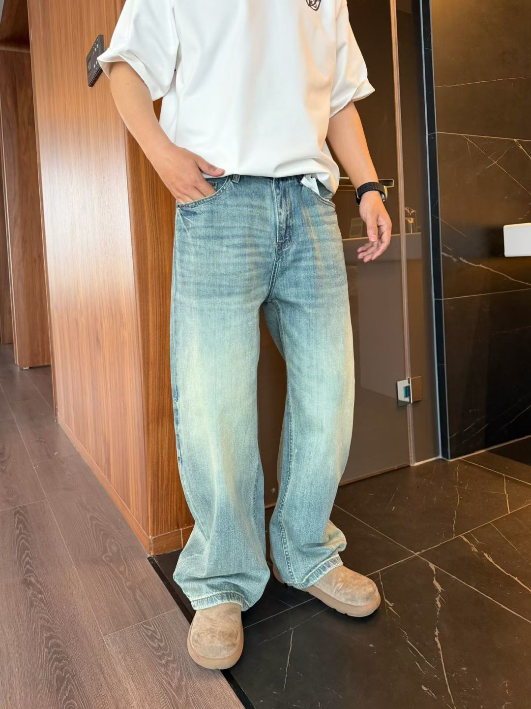 春款弯刀阔腿牛仔裤s~2xl