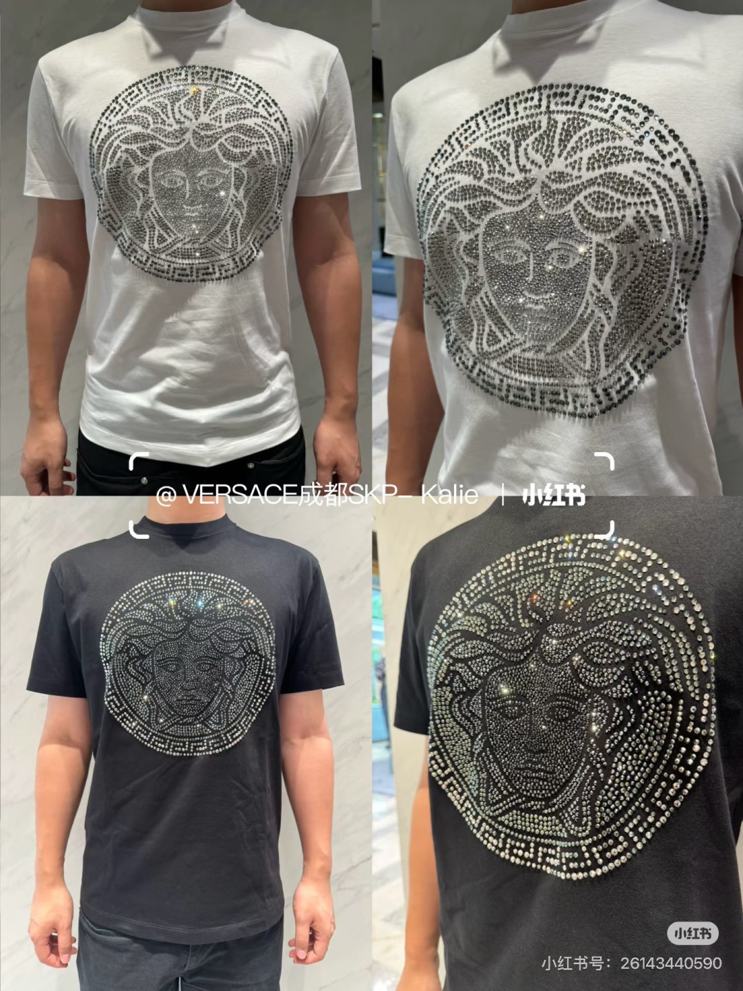 Versace.范思哲 SS26春夏新品Medusa水晶缀饰短袖T恤，正面胸前美杜莎标识采用奢华水晶镶嵌