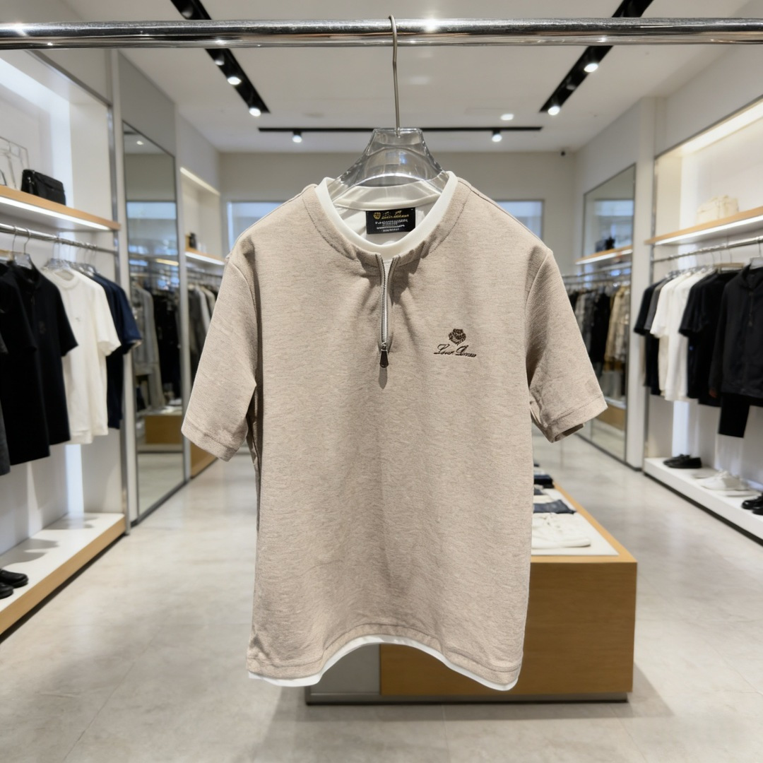 🆕loro PianaFW春夏新品圆领老钱风假两件拉链T恤，立体绣logo重工洗水半袖 工艺处理，外车线