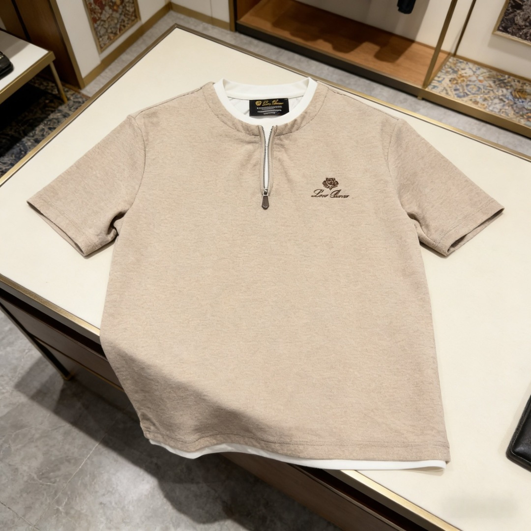 🆕loro PianaFW春夏新品圆领老钱风假两件拉链T恤，立体绣logo重工洗水半袖 工艺处理，外车线