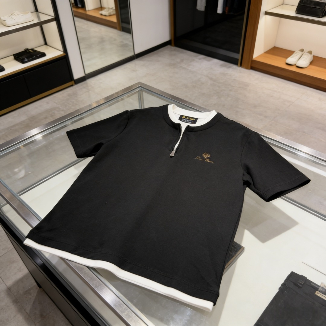 🆕loro PianaFW春夏新品圆领老钱风假两件拉链T恤，立体绣logo重工洗水半袖 工艺处理，外车线