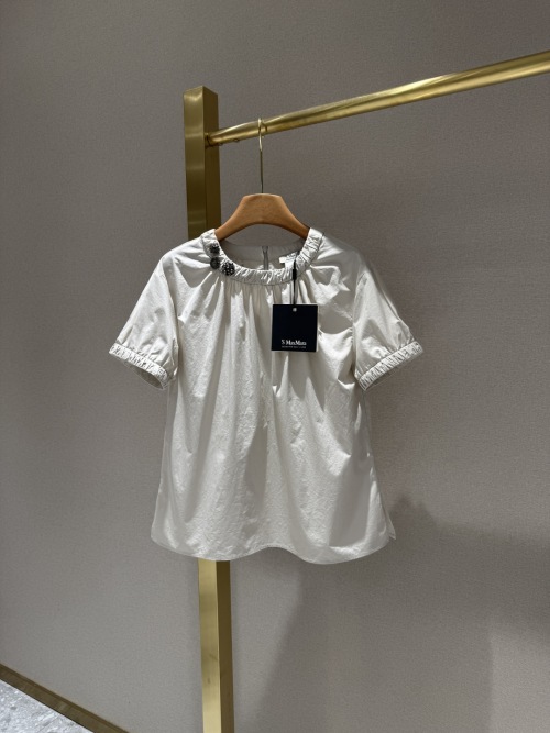 Max Mara Cotton Poplin Top with Embellished Neckline - Short Sleeve Blouse 1 Max Mara Cotton Poplin Top with Embellished Neckline - Short Sleeve Blouse