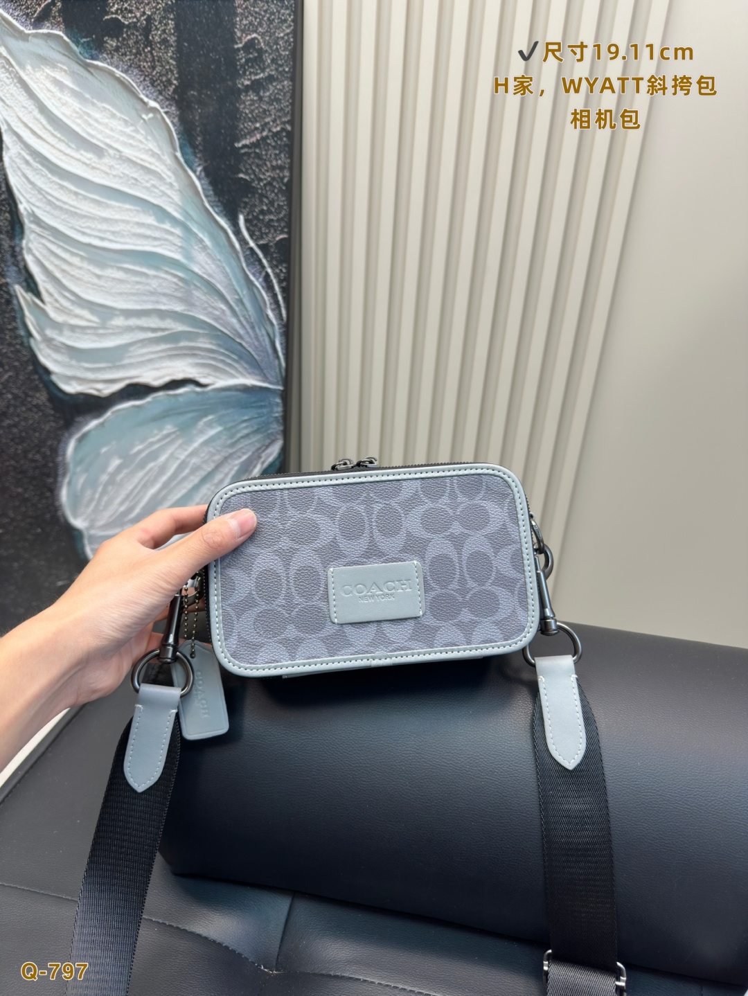 💰285 配折叠盒 尺寸19.11cm COACH•蔻驰相机包 蔻驰真的是风格百变 有被这个男款相机包吸引嘛 很适合日常背的小斜挎包，而且是两用还能当做手拿包