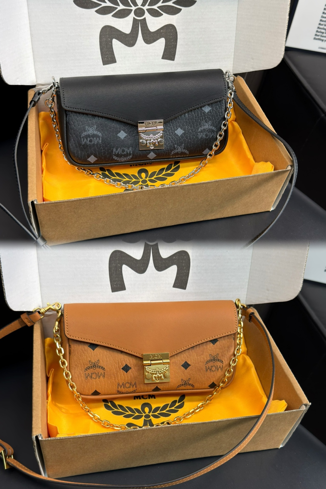 P150 Caja de avión Tamaño: 20.10cm Bolso de cadena MCM Tracy, lona clásica Visetos + solapa de cuero de vaca, color coñ…