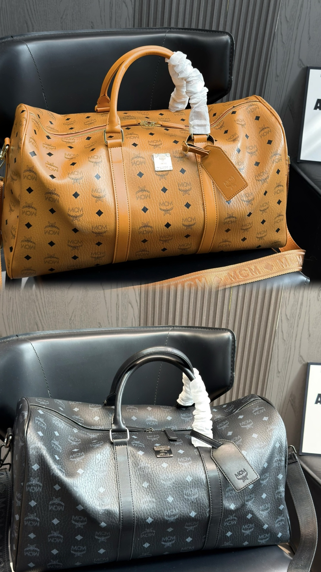 P145 sin caja, tamaño: 50.26cm. Bolso de viaje MCM negro con estampado clásico, serie Visetos, patrón icónico, discreto…