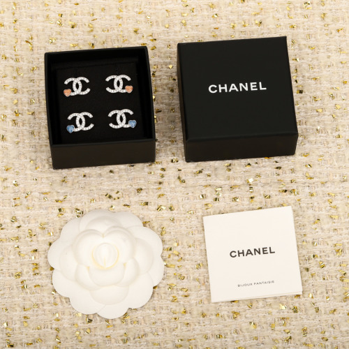 Chanel Double C Heart Stud Earrings, Silver Finish, Pink and Blue