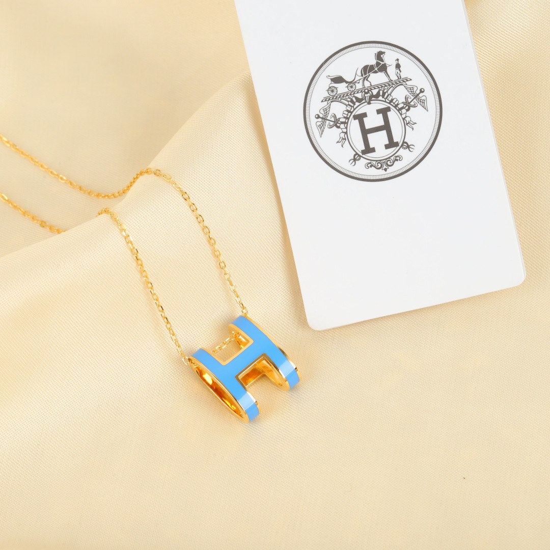 HERMES Necklace Enamel H Pendant Chain Style