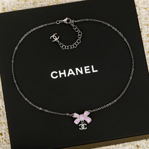 Chanel Bow Necklace with Crystal CC Logo, Adjustable Length, Silver Finish