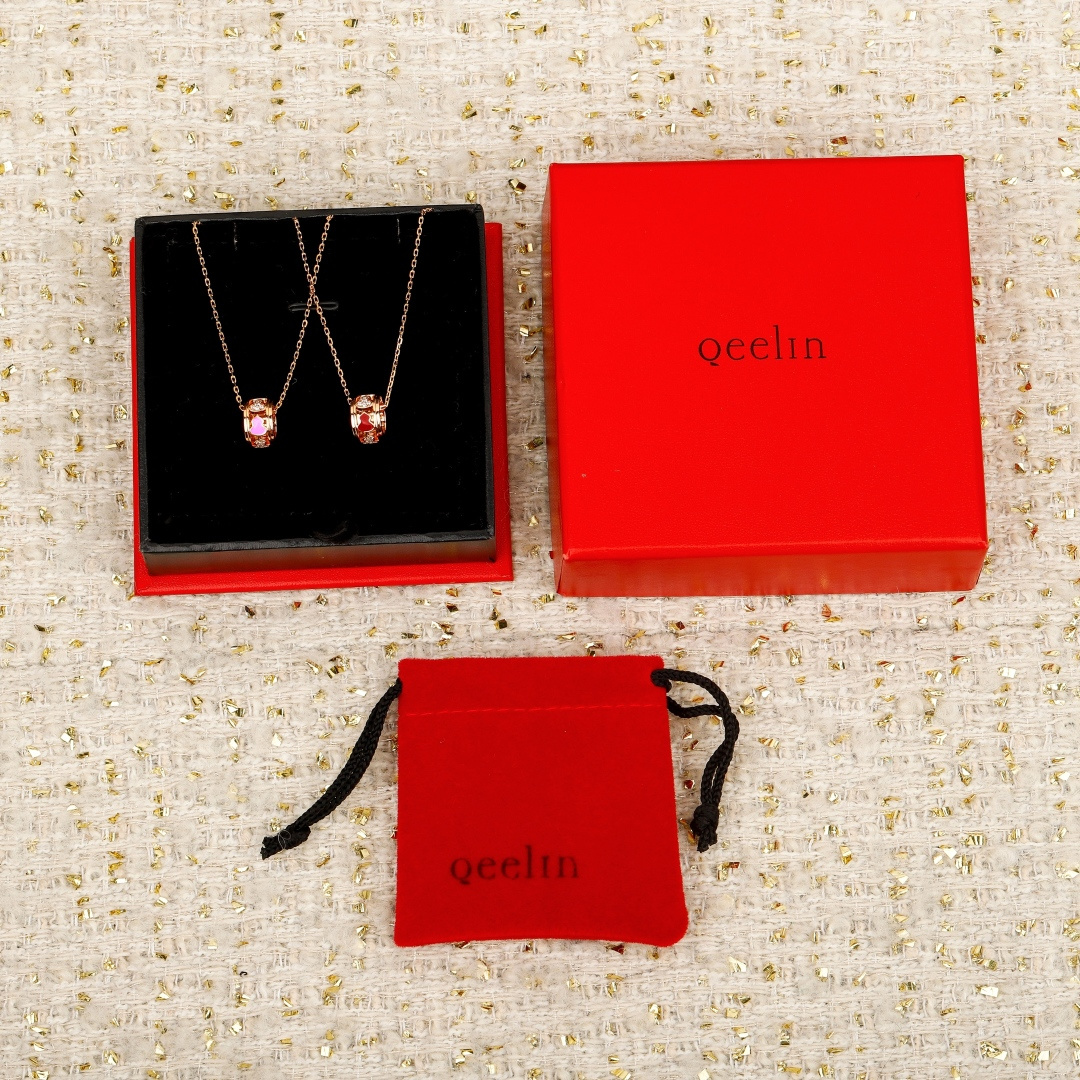 Qeelin Wulu necklace 18K rose gold pink enamel white diamond 45cm