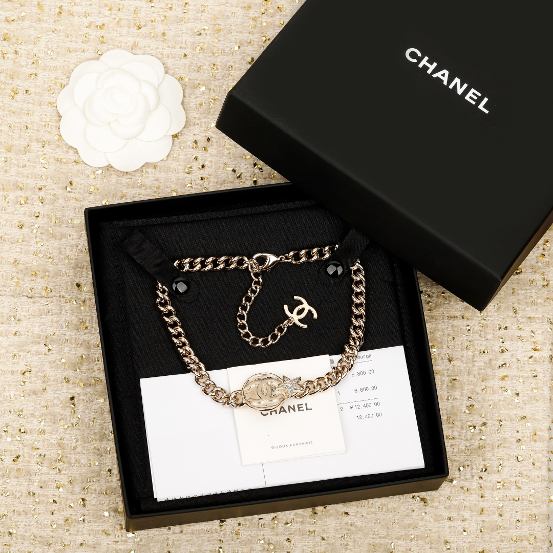 Elegant Chanel Double C Choker Necklace with Swarovski Crystals and Star Detail