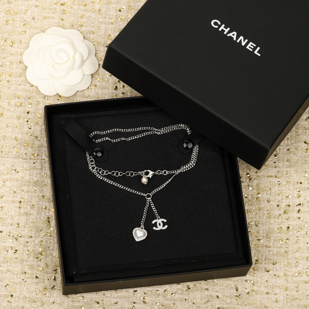 Chanel Silver Heart CC Necklace, Adjustable Length, Swarovski Crystal