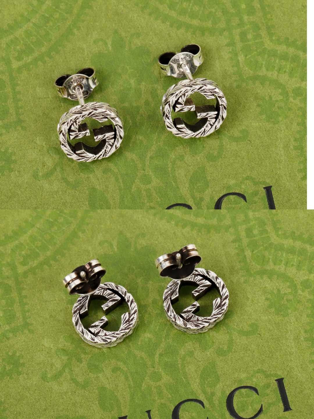 ¥ 140【我们出品】  互扣式双G纯银耳环 入手zp价格 500 +  ZP为纯银材质，量大咨询客Fu

【双G情侣纯银耳钉】，饰有镌刻图案。Gu@ci银饰系列经过精心设计和专业制作，通过微妙细节致敬品牌传承，呈现出一系列时尚和经典单品。
耳环本身采用925银材质，电镀旧银工艺，保色程度更久。
这款耳环比另一款更难做：
首先：为了做到与原版一致，特意开了一个全新的耳堵，zp这个耳堵是独一无二的，市面上的耳堵都是普通的耳堵，为了复刻做到一致，需要重新开模，开版。光这个耳堵的开模费用，可以买2副zp原版的耳钉了，为了力求一致，一句话，开干[悠闲][悠闲][悠闲]必须原版出货。
其次：耳针上有刻字，市面上的耳针没有办法做到和原版的一样，耳针必须定制，更重要的是耳针上的字体是需要用模具另外压上去的，才能与原版的做法一致，工艺非常的复杂，太难了[呲牙][呲牙]但是无论多难，我们都一一克制，只为与原版一致。