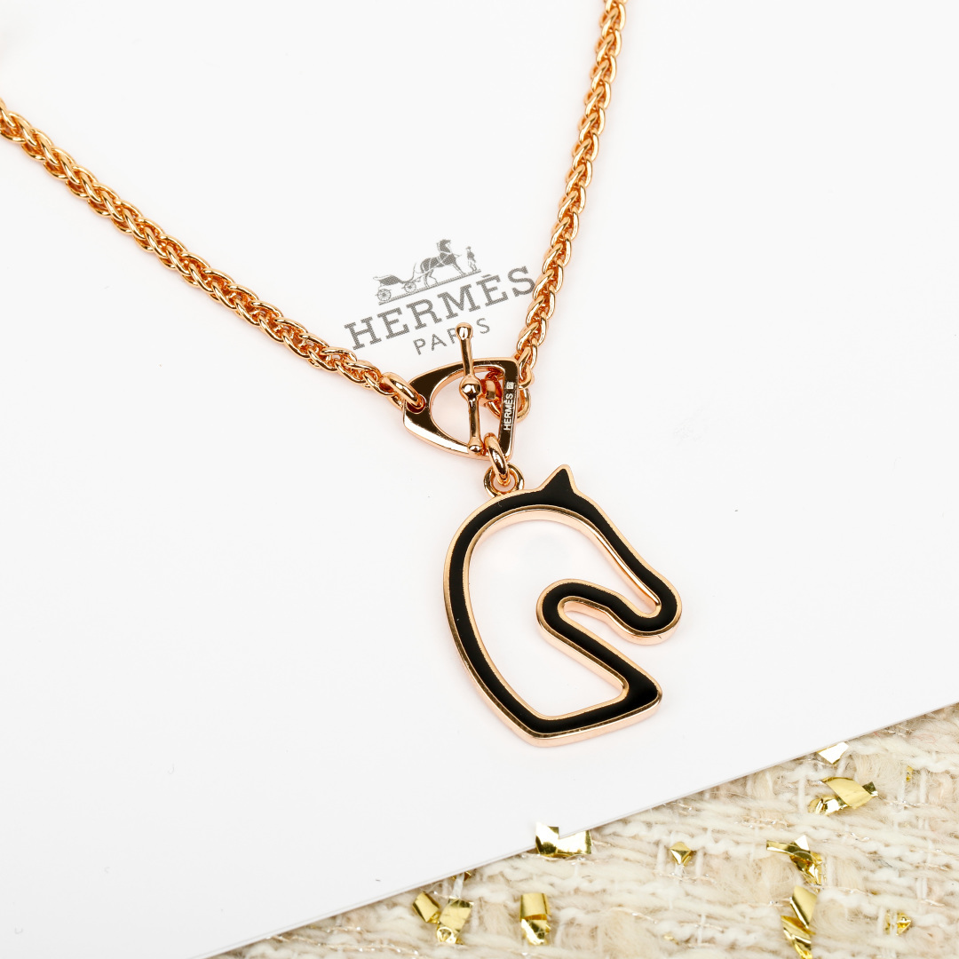 Hermes Cheval Horse Head Pendant necklace Rose gold metal with cream burgundy black orange and silver enamel options 45cm