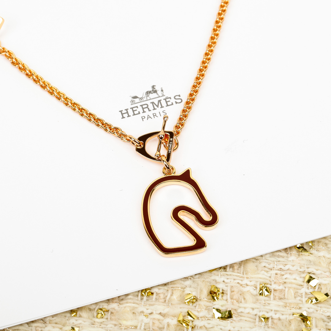 Hermes Cheval Horse Head Pendant necklace Rose gold metal with cream burgundy black orange and silver enamel options 45cm