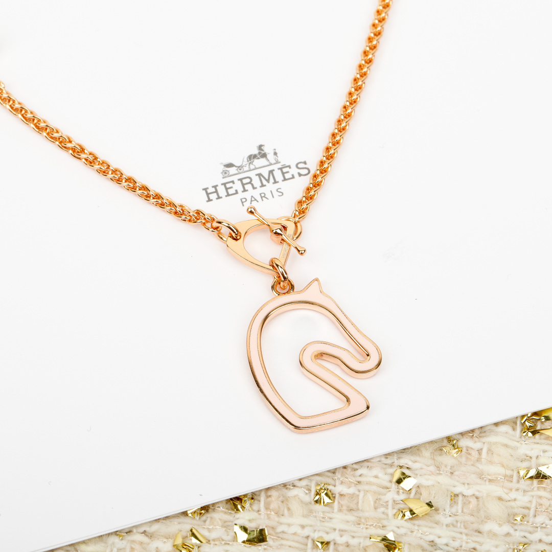 Hermes Cheval Horse Head Pendant necklace Rose gold metal with cream burgundy black orange and silver enamel options 45cm
