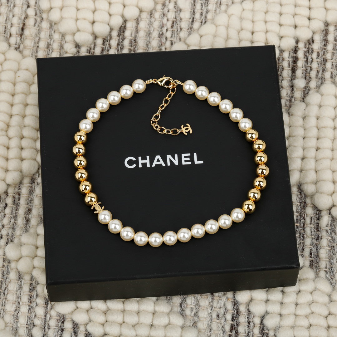 CHANEL Necklace Gold White Pearl Double C