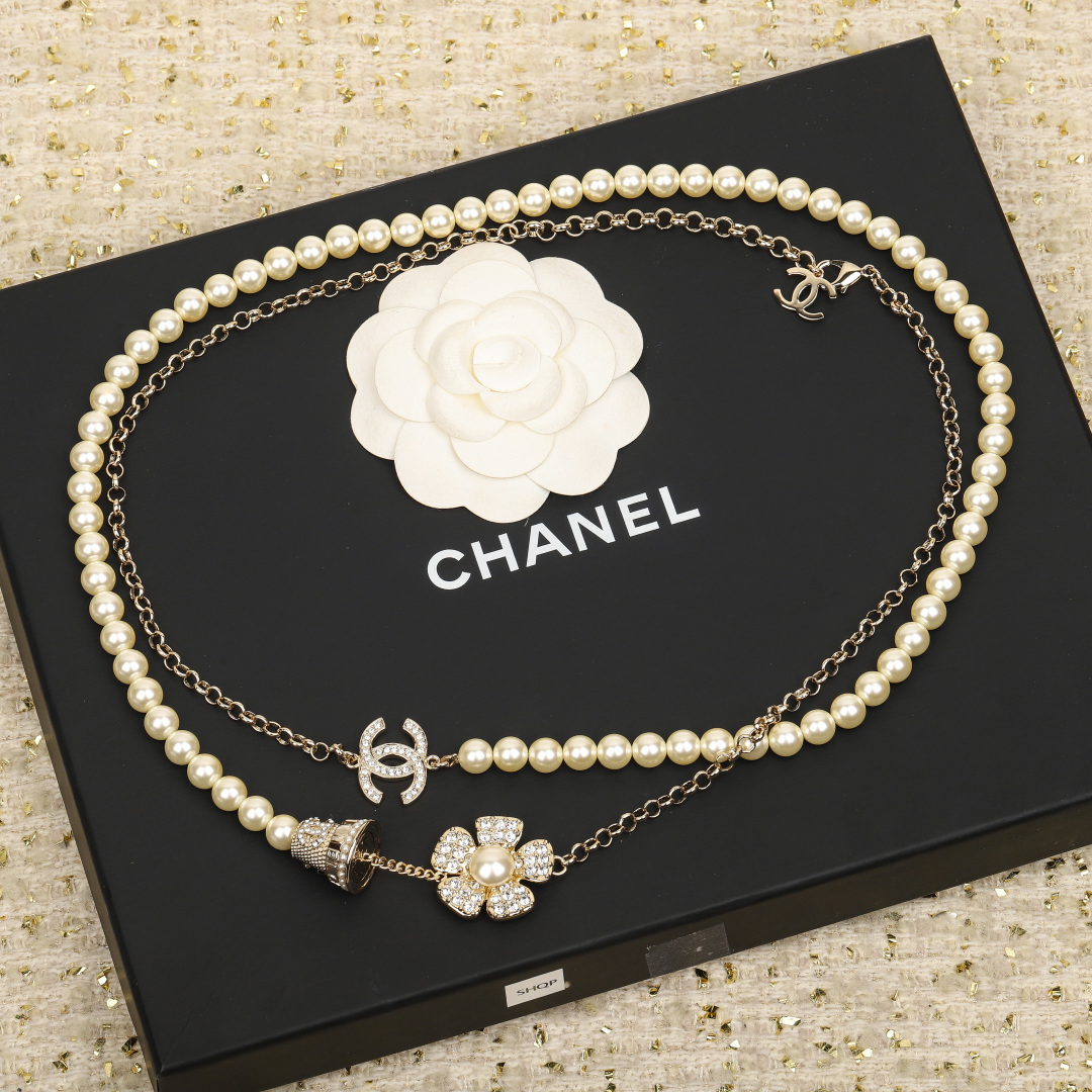 CHANEL Necklace Pearl Brass Double C Flower