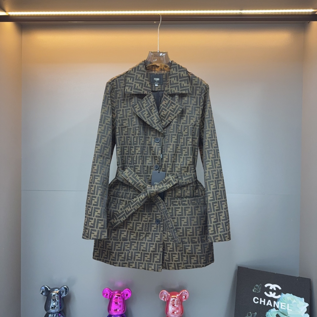 Fendi Jacquard Trench Coat, Convertible Collar, Double F Monogram, Brown 1 cmp i1754489949086 5251 0 1