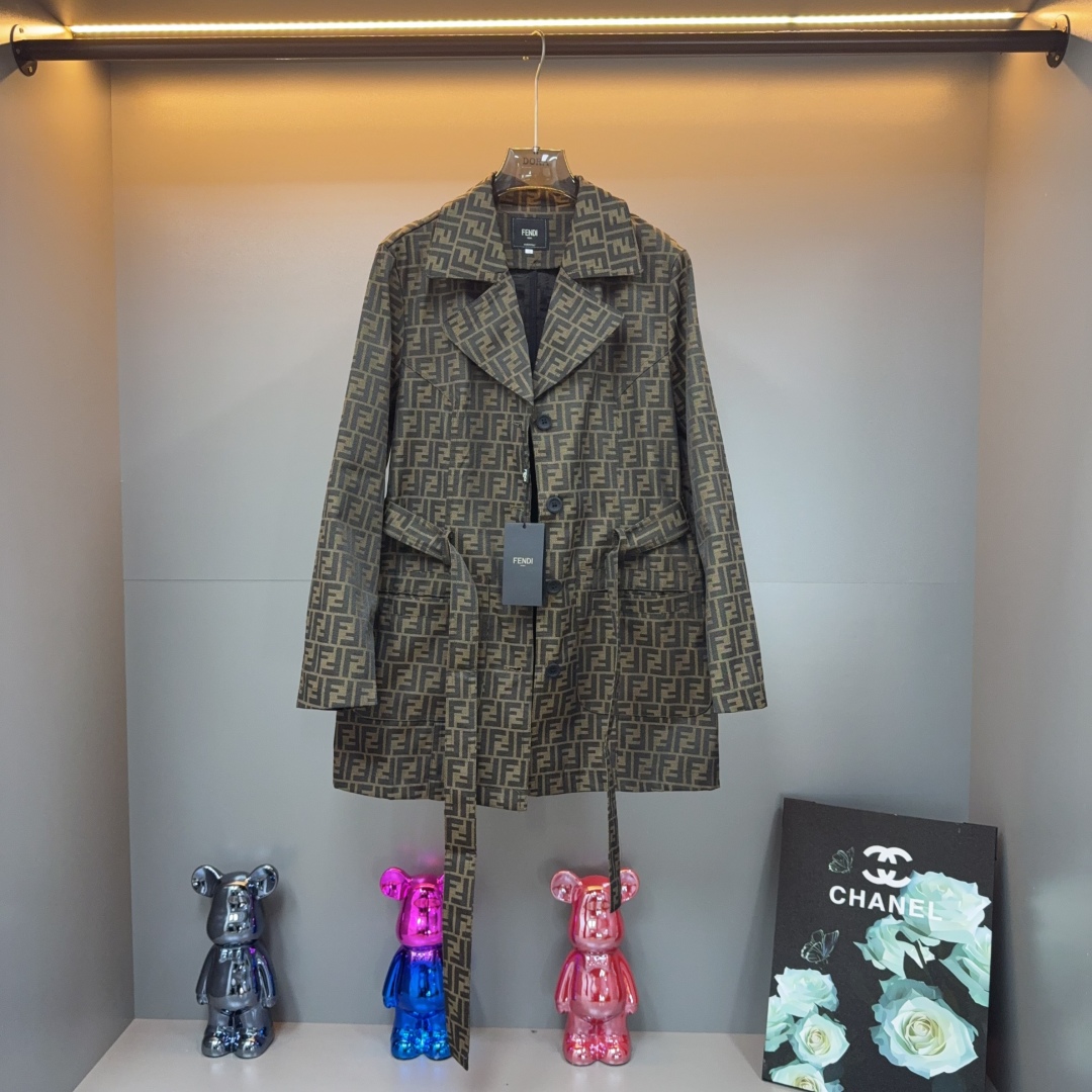 Fendi Jacquard Trench Coat, Convertible Collar, Double F Monogram, Brown 8 cmp i1754489970692 8396 0 6