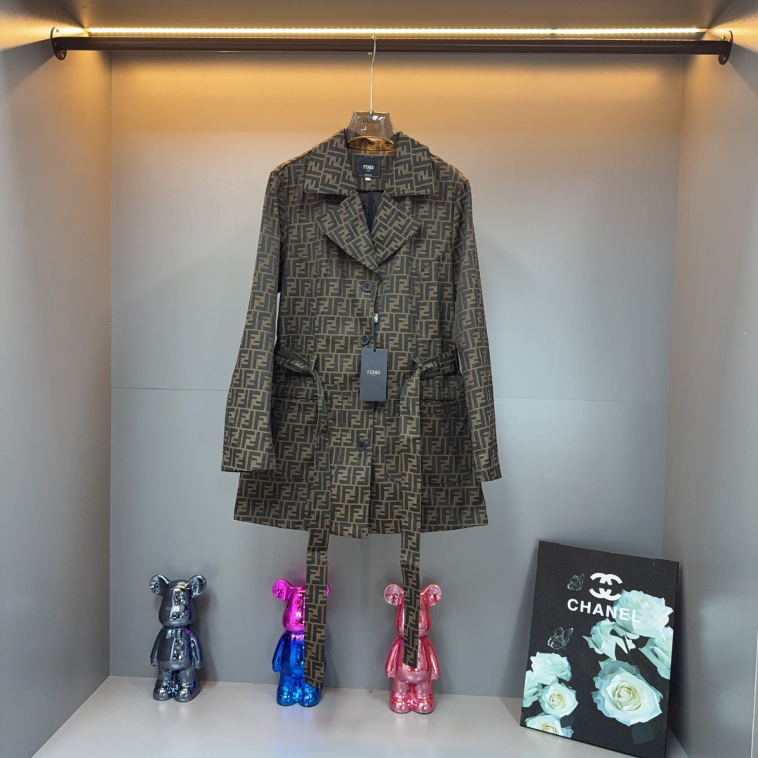 Fendi Jacquard Trench Coat, Convertible Collar, Double F Monogram, Brown 3 cmp i1754489972252 5159 0 1