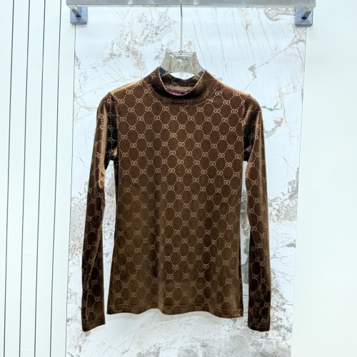 Gucci Velvet Long Sleeve Turtleneck Slim Fit Top, Embossed Logo, Brown, Size S-L 1 Gucci Velvet Long Sleeve Turtleneck Slim Fit Top, Embossed Logo, Brown, Size S-L