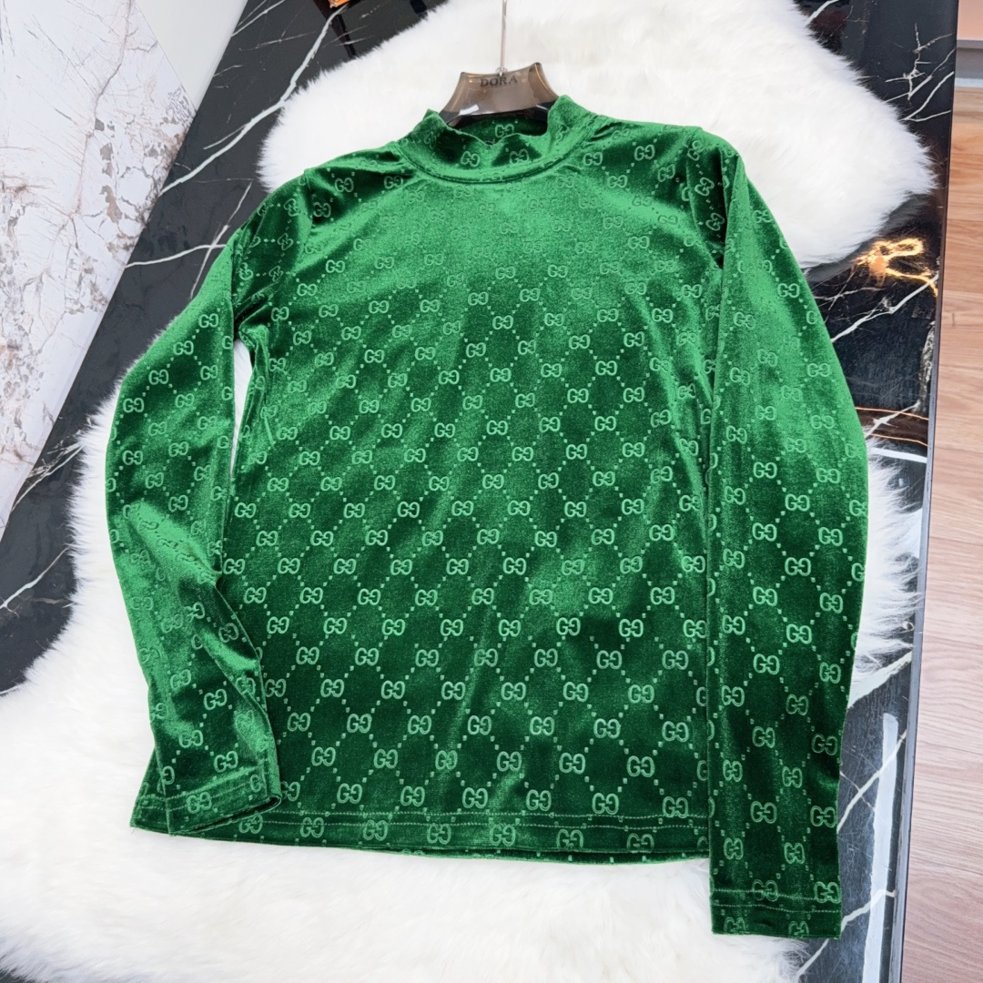 Gucci Velvet Long Sleeve Mock Neck Top Slim Fit All-Over Logo