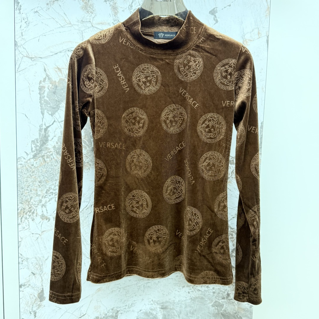 Versace Velvet Long Sleeve Turtleneck Slim Fit Top - Elegant and Stylish