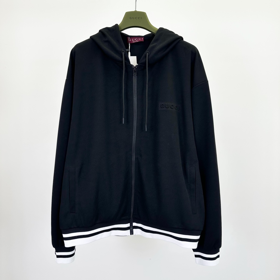 Gucci Black Cotton Blend Zip-Up Hoodie with Striped Ribbed Hem 2 cmp a1751704461246 1340