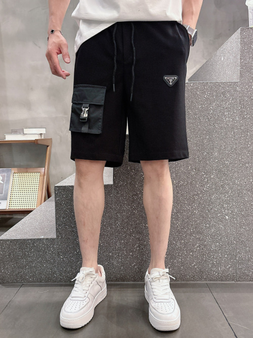 Prada Men's Casual Black Cotton Shorts with Cargo Pocket and Logo